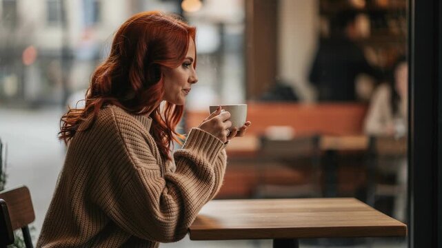 Young woman enjoying hot coffee in cozy cafe with warm sweater and relaxed ambiance