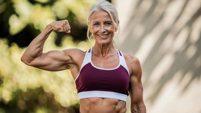 Strong fit mature woman flexing muscles outdoors smiling confident healthy lifestyle
