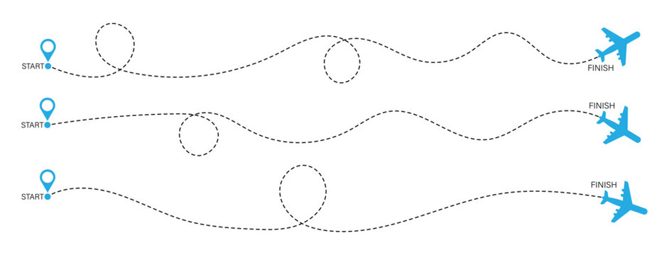 The flight path of the aircraft from the point of location along the dotted line. Aircraft tracking, planes, travel, map pins, location pins .start point line trace and plane routes.
