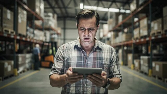 Man using digital tablet in busy warehouse with shelves full of boxes and industrial products