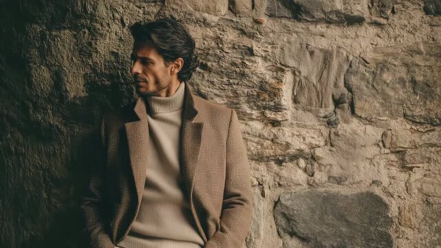 A fashionable man stands confidently by a stone wall, wearing a beige coat. He exudes style and comfort on a bright day, showcasing a chic winter look in an urban setting.