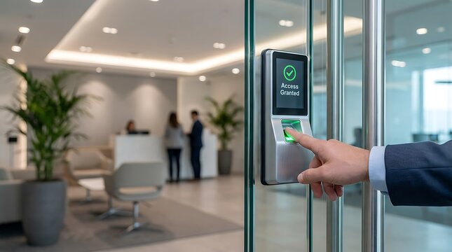Man using fingerprint scanner to grant access into modern office building with plants and reception desk in background promoting secure entry and business safety.