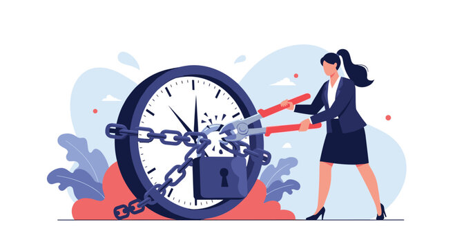 Businesswoman using a large pair of bolt cutters to break the heavy metal chains locked around a giant clock face.
