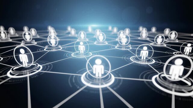 Digital network of connected people icons representing social media and online communication technology