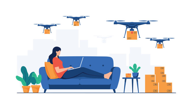 Relaxed woman on a sofa with a laptop watching drones deliver packages for modern e-commerce logistics and convenience.