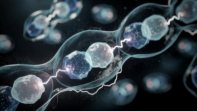 Close up microscopic view of cells dividing with electric energy and glowing particles in dark background