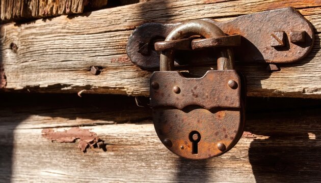Old rusty padlock securely fastened to weathered wooden planks on a barn door. Vintage metal lock with keyhole attached to a heavy hasp on aged rustic timber surface.