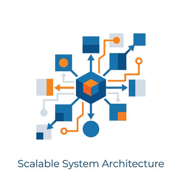 Scalable system architecture icon, hex core with connectors, platform blueprint, cloud orchestration map, devops training session, technology roadmap planning vector