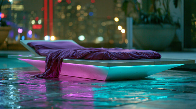 Modern outdoor daybed illuminated with colorful led lights at night, outdoor living
