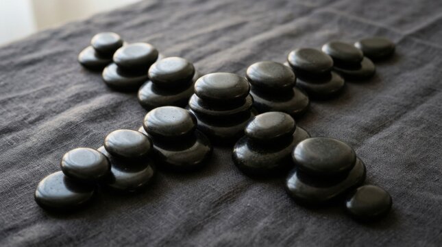 Set of smooth intensely black basalt massage stones stacked and arranged in an X shape on textured gray linen cloth for spa therapy, wellness treatment, and holistic relaxation.