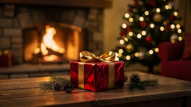 Cozy Christmas living room with gift box pine cones fireplace and decorated tree lights
