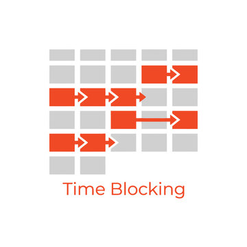 Time blocking schedule map, red arrow workflow across calendar cells, prioritize tasks, productivity seminar, habits coaching, planner vector illustration