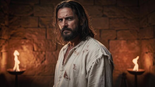 Portrait of a serious man in historical clothing with long hair and beard in a dimly lit ancient stone room