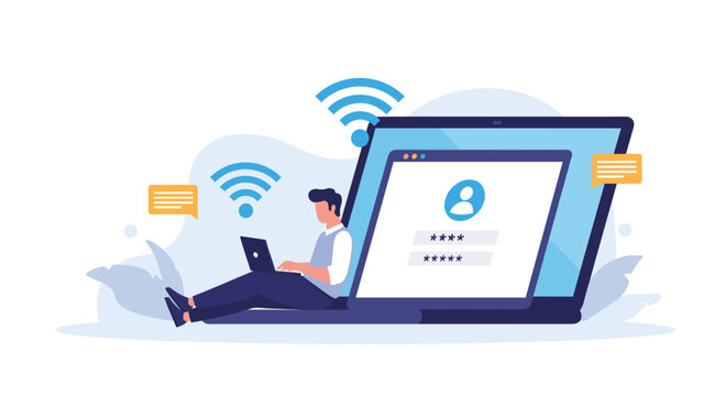 Remote worker using a laptop while sitting on a large digital portal with wifi signals representing modern telecommuting and connectivity.