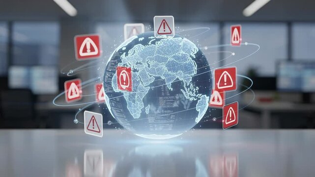 Digital globe with warning alerts and technology concept for global cybersecurity and data protection