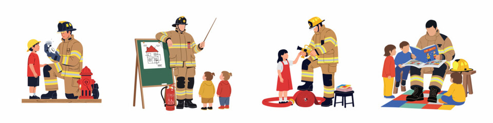 Vector illustration set showing firefighters educating children about fire safety, equipment, and prevention through interactive lessons, reading, and demonstrations. © Pino