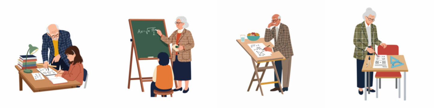 Senior teachers and grandparents tutoring children in mathematics, grading papers, and solving complex equations, illustrating lifelong learning and intergenerational education.