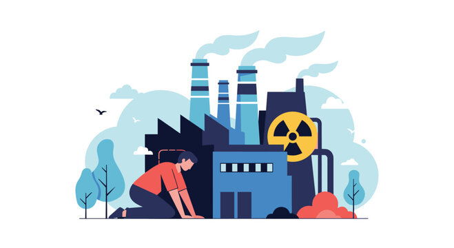 Desperate man kneeling before industrial factory emitting thick smoke and nuclear energy symbol illustrating environmental pollution.