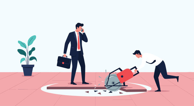 Businessman using power circular saw to cut floor from under another professional man symbolizing sabotage and office competition.