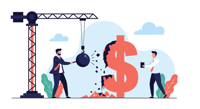 Construction workers using heavy wrecking ball to demolish large orange dollar sign symbol representing financial collapse or economic reset.