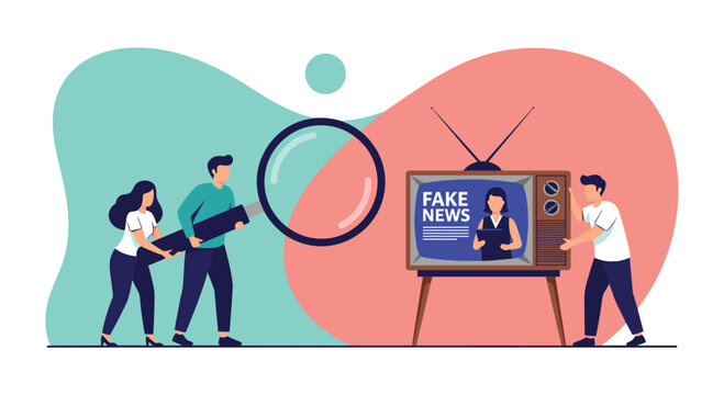 Man and woman using large magnifying glass to investigate news program labeled fake news on vintage television set.