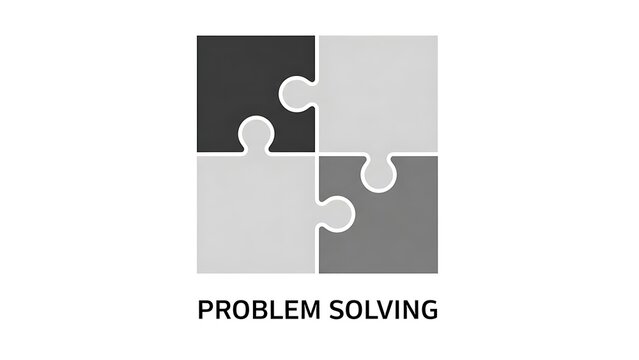 Problem solving concept with four interlocking puzzle pieces, monochromatic jigsaw puzzle metaphor for business strategy and teamwork, minimalist logical solution icon