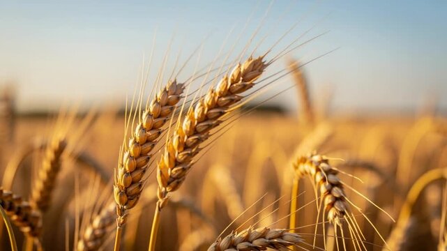 Golden wheat ears close up in field under clear sky agricultural farming background