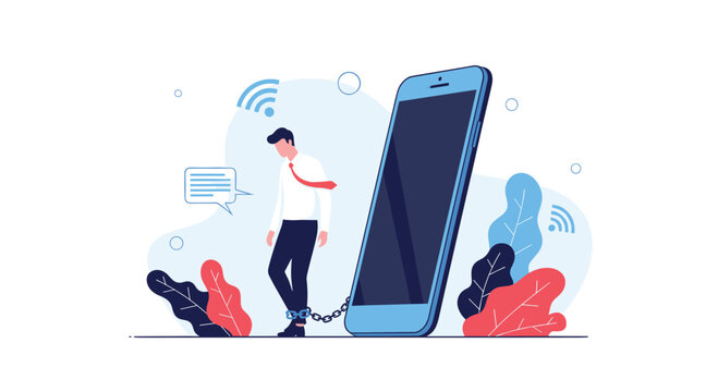 Depressed man with his ankle chained to a giant smartphone representing the burden of digital addiction and constant connectivity.