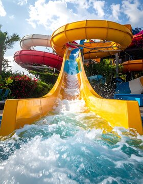 A vibrant water park scene with a large yellow waterslide