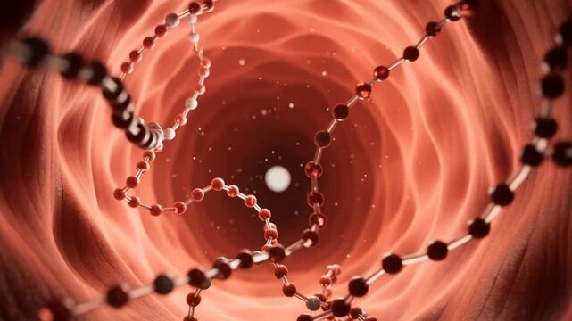Close up view of DNA strands inside a blood vessel with molecular structures in red and white colors