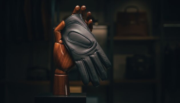 Close-up of a premium black leather driving glove with perforated fingers and decorative stitching displayed on a wooden articulated mannequin hand in a dark luxury boutique.