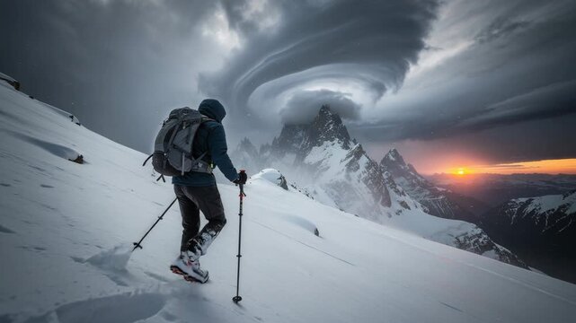 Adventurous hiker climbing snowy mountain with dramatic swirling clouds and sunset in scenic landscape