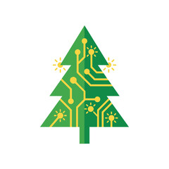 Obraz premium Smart christmas tree with circuit branches, tech holiday symbol, winter celebration design, new year banner, festive decoration asset, vector illustration