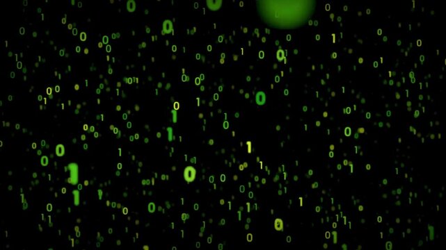 Falling green and yellow binary code digits on dark background. Suitable for technology, digital security, cyber, coding, data concept designs.