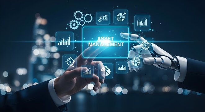 Human hand touches robotic finger on asset management interface