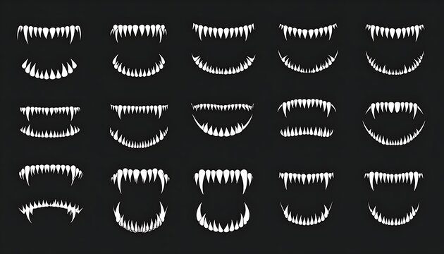 Collection of various vampire fangs isolated.