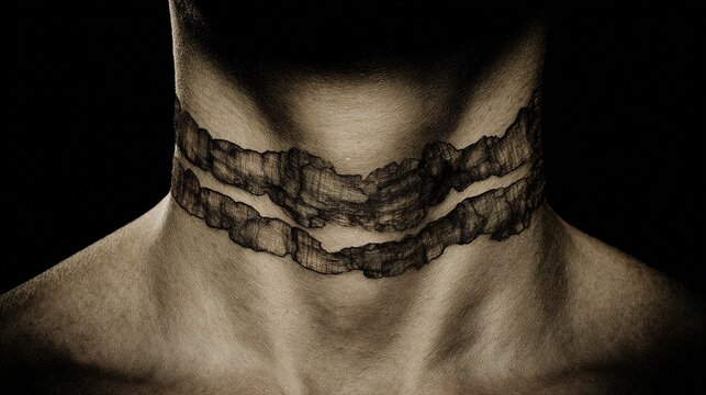 Macro throat with vibrating soundwaves forming shadowy tumor-like masses, surreal pathology-acoustic fusion