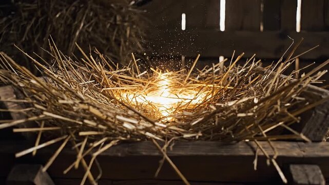 Close up of glowing fire sparks in wooden hay nest on rustic barn background warm light