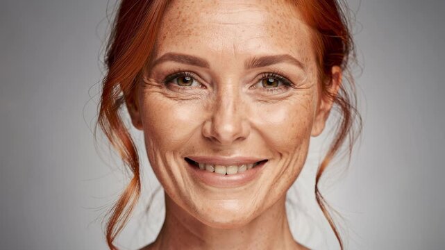 Close up portrait of happy mature woman with red hair and natural freckles smiling gently