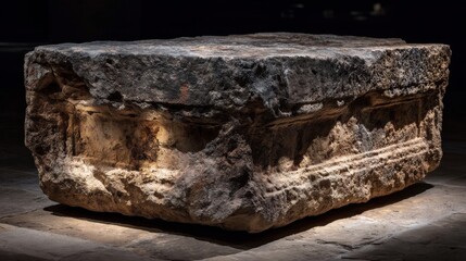 Fototapeta premium Gray limestone block with ancient weathered patina and erosion marks. Professional museum lighting reveals textured surface and natural aging on dark background.