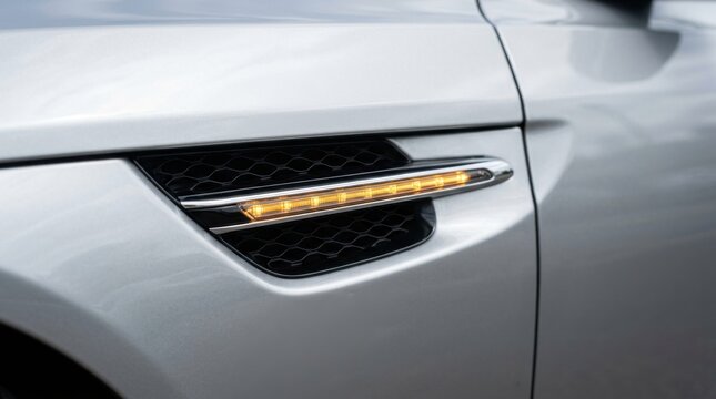Close-up of a silver car's front fender side vent featuring a black honeycomb mesh grille and an integrated illuminated amber LED turn signal indicator with chrome accents.