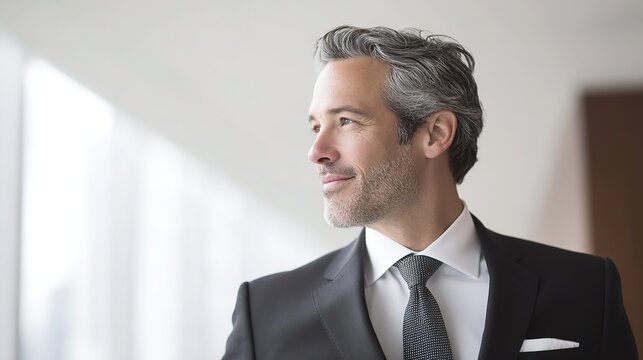 Business professional upper body portrait with positive expression, soft studio light, blurred modern office background