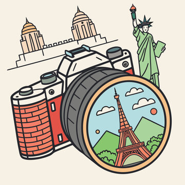 Retro camera equipment with world landmark views.