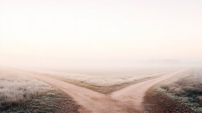 Misty forked road as decision symbol in minimalist composition, soft morning light guiding visual and inner direction