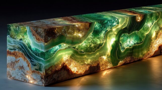 Decorative onyx slab backlit green stone with glowing emerald translucency and golden amber matrix, natural mineral banding patterns for luxury interior design