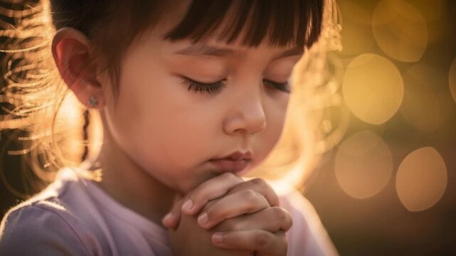 Close up of a young girl praying with closed eyes in warm natural light with soft bokeh background