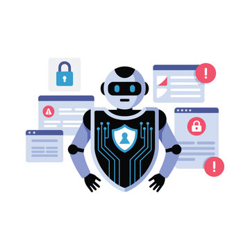 Security ai robot badge, shield interface with alerts, privacy assurance, platform seminar, threat monitoring workshop, information protection event, vector illustration