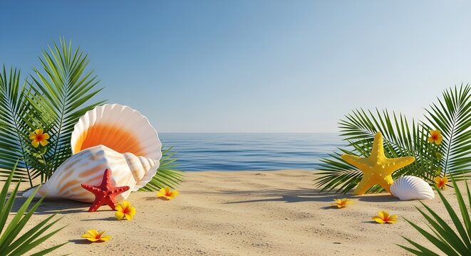 Tropical beach scene with seashells starfish and palm leaves on sandy shore