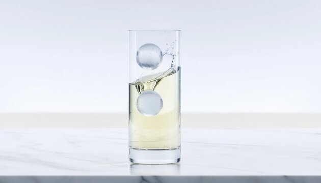 Tall highball glass containing a pale yellow liquid and two clear spherical ice balls causing a splash effect, placed on a white marble surface with a clean white studio background.