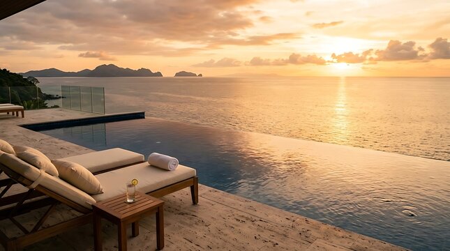 Luxury infinity pool at sunset overlooking ocean islands serene tropical vacation resort relaxation and travel destination